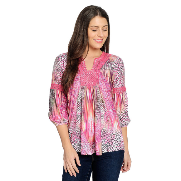 ONE WORLD Tops - ONE WORLD PINK 3/4 SLEEVE CROCHET NECK TOP MEDIUM